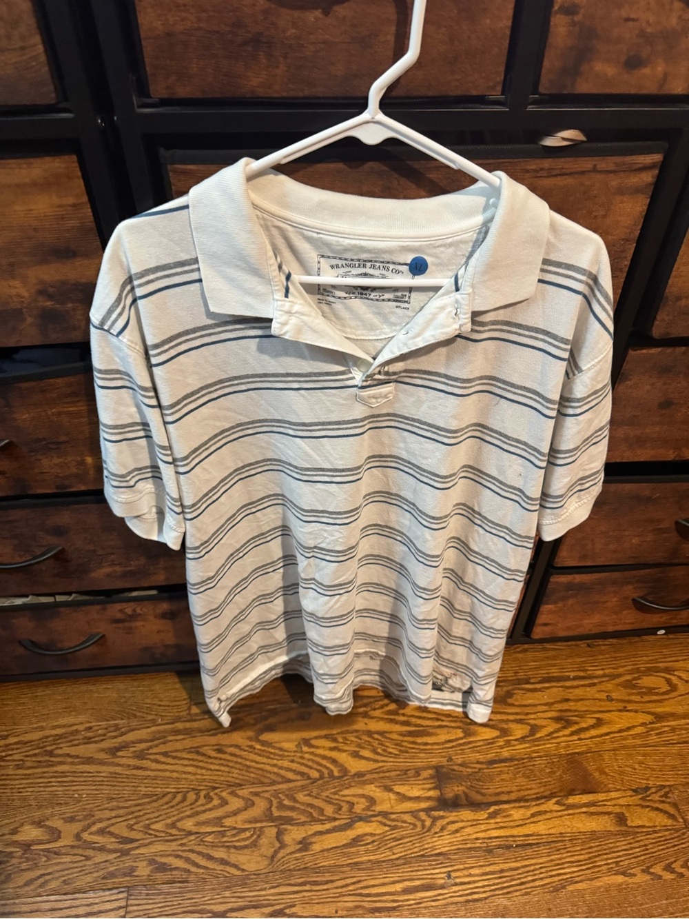 Wrangler Men's Cream Polo with Blue Stripe Pattern
